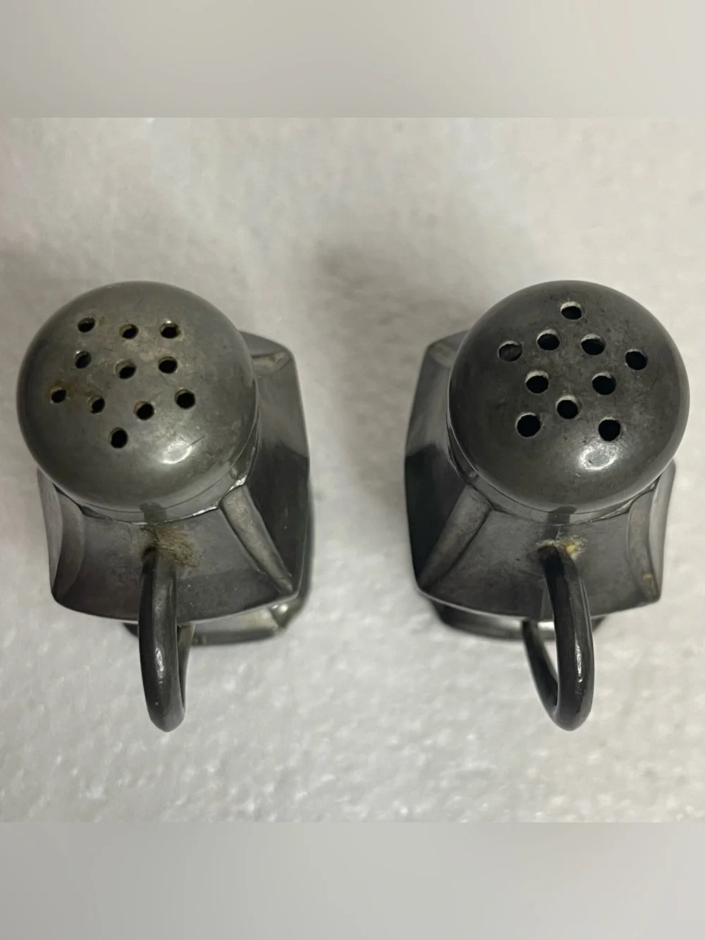 VTG Old Colonial Genuine Pewter Salt And Pepper Shakers Tray Stork Crane Handle